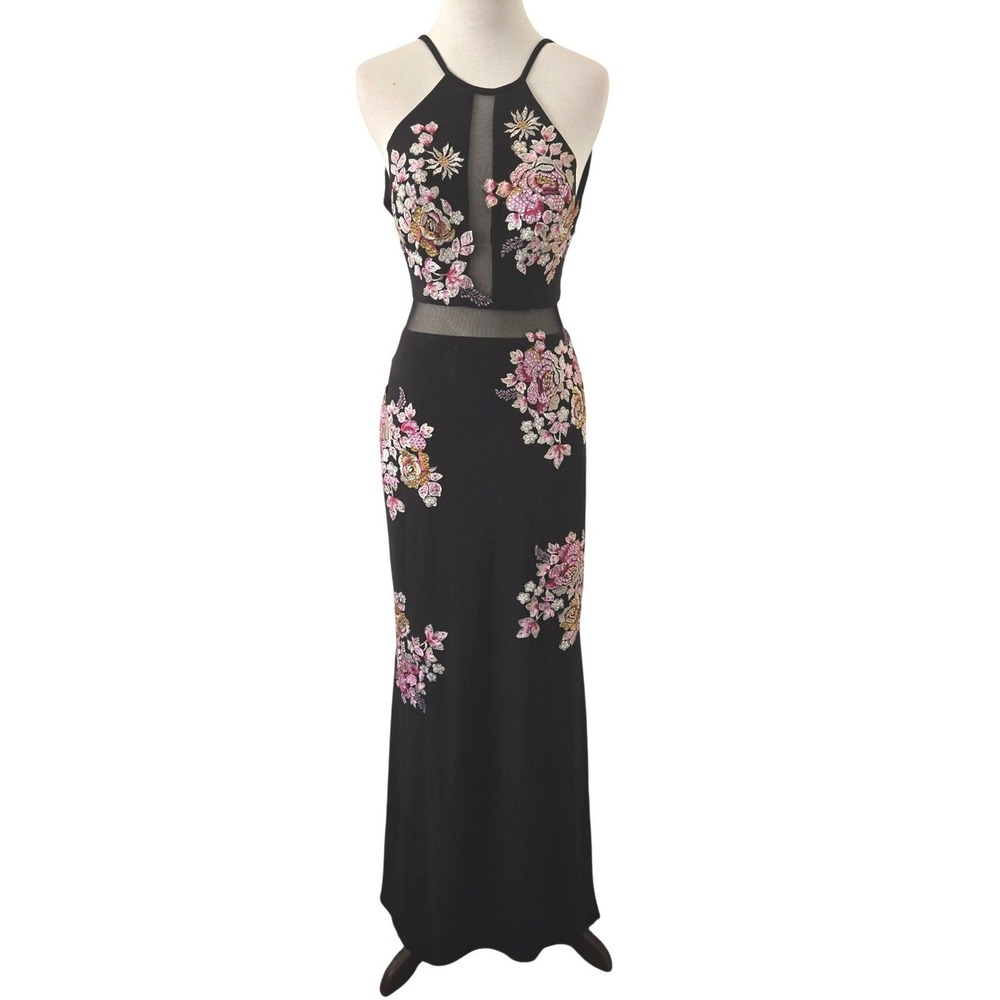 Xscape Black Floral Embroidered Halter Open Back Mesh Plunge Maxi Evening Gown 2